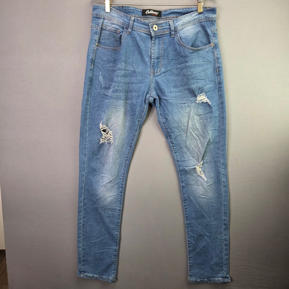 California Vintage Distressed Slim Jeans 34 Blue Ripped Stretch Denim Tapered